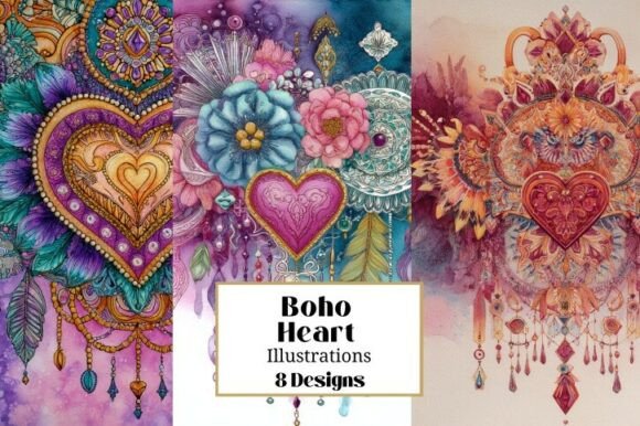 Download 8 Boho Heart Illustrations Valentines - Boho heart Collection