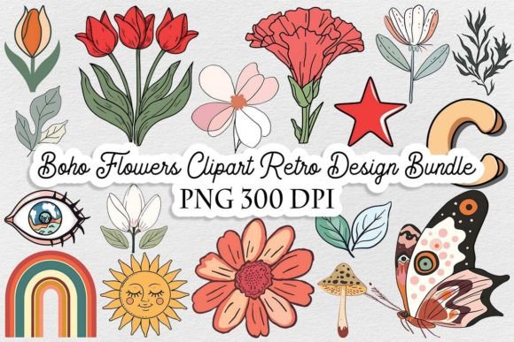 Download Boho Flowers Clipart Retro Design Bundle - Boho flowers Collection